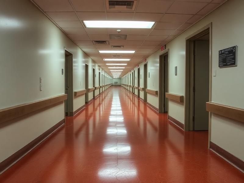 Pasillo de clínica con piso vinílico amarillento antes del strip & wax