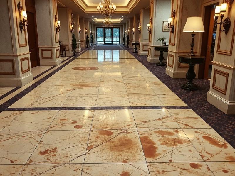 Lobby de hotel en Viña del Mar con mármol opaco antes del pulido KSM