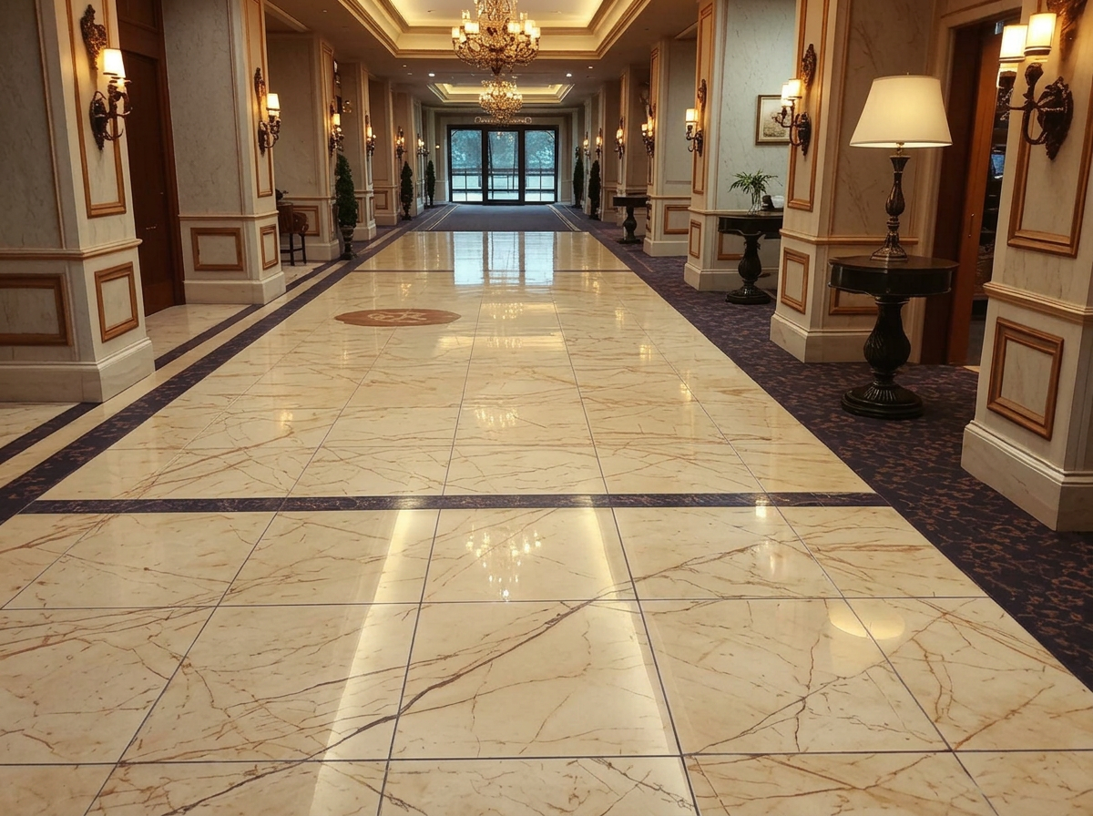 Lobby de hotel en Viña del Mar con mármol cristalizado por KSM