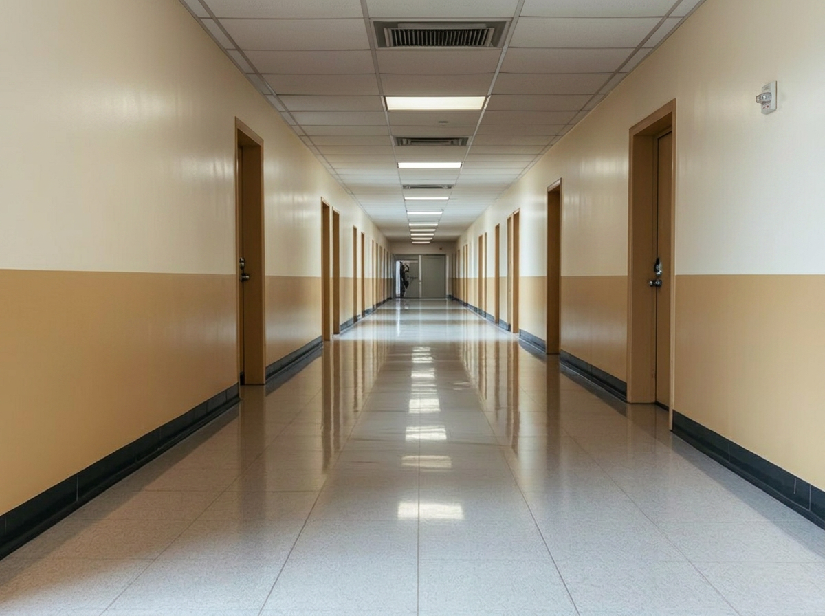 Pasillo de colegio en Concón con piso encerado y muros limpios por KSM