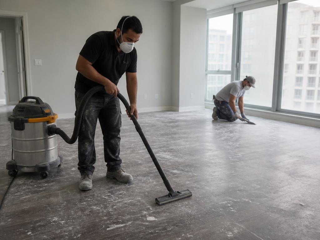 Limpieza post obra: aspirado de polvo de cemento con aspiradora HEPA en oficina nueva