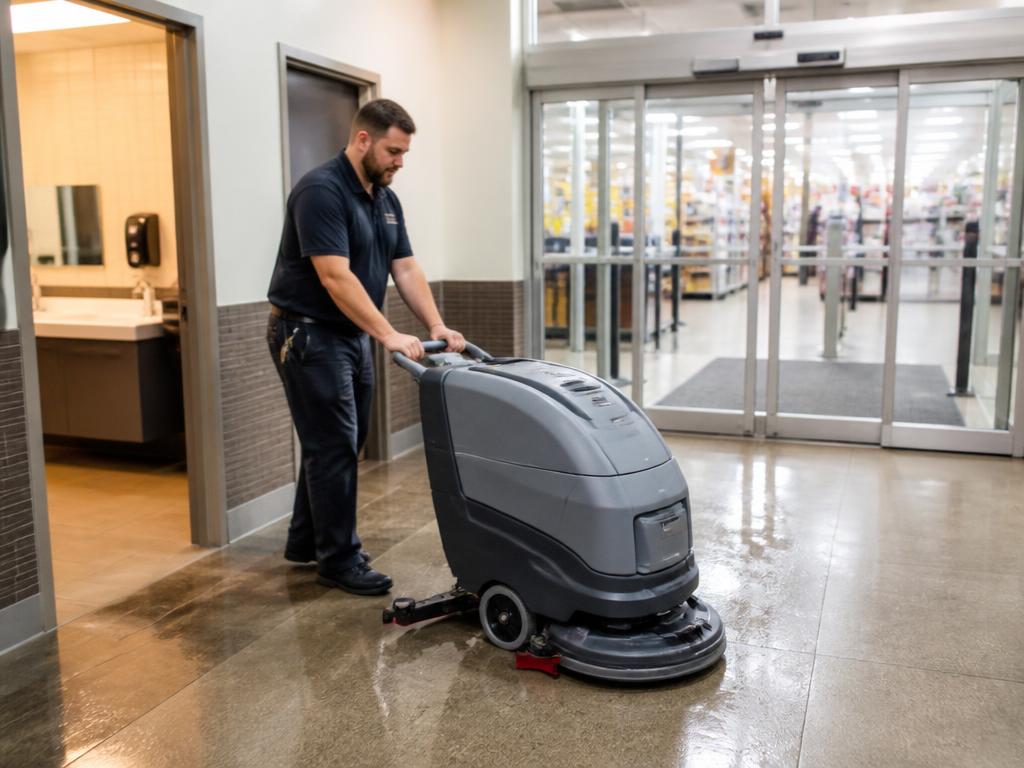 Fregadora automática limpiando piso de local comercial y baños