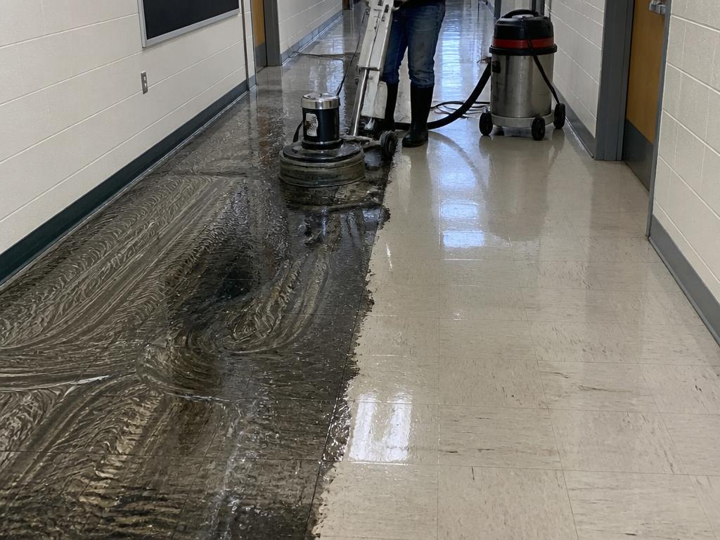 Decapado de piso vinílico VCT en pasillo de colegio con máquina rotatoria