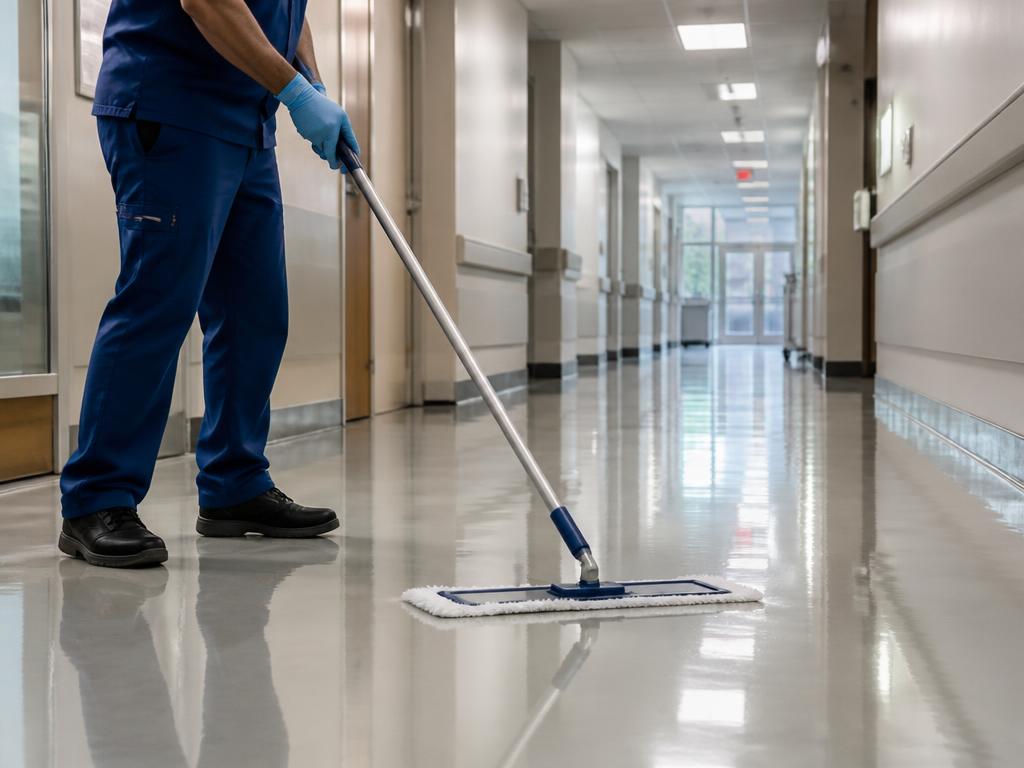 Aplicación de cera acrílica en pasillo de hospital con mopa plana