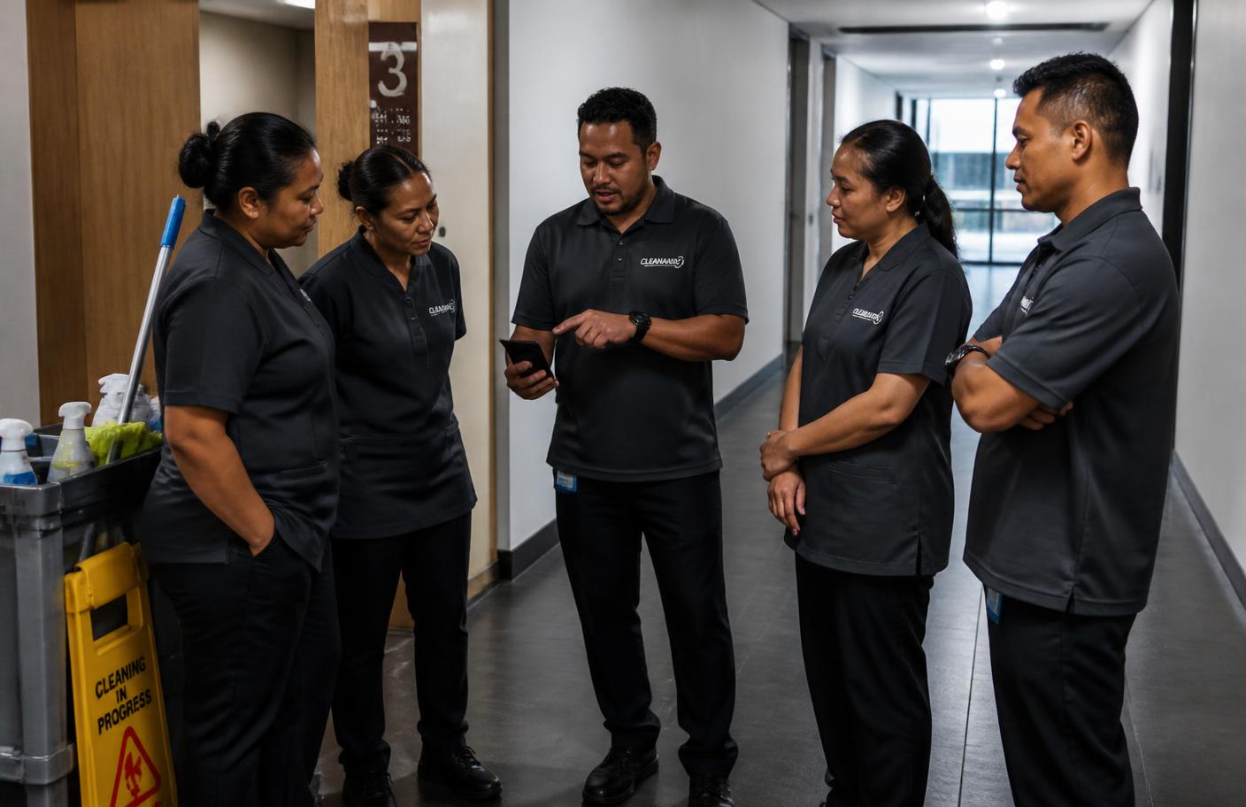 Equipo de limpieza KSM en briefing diario con el supervisor