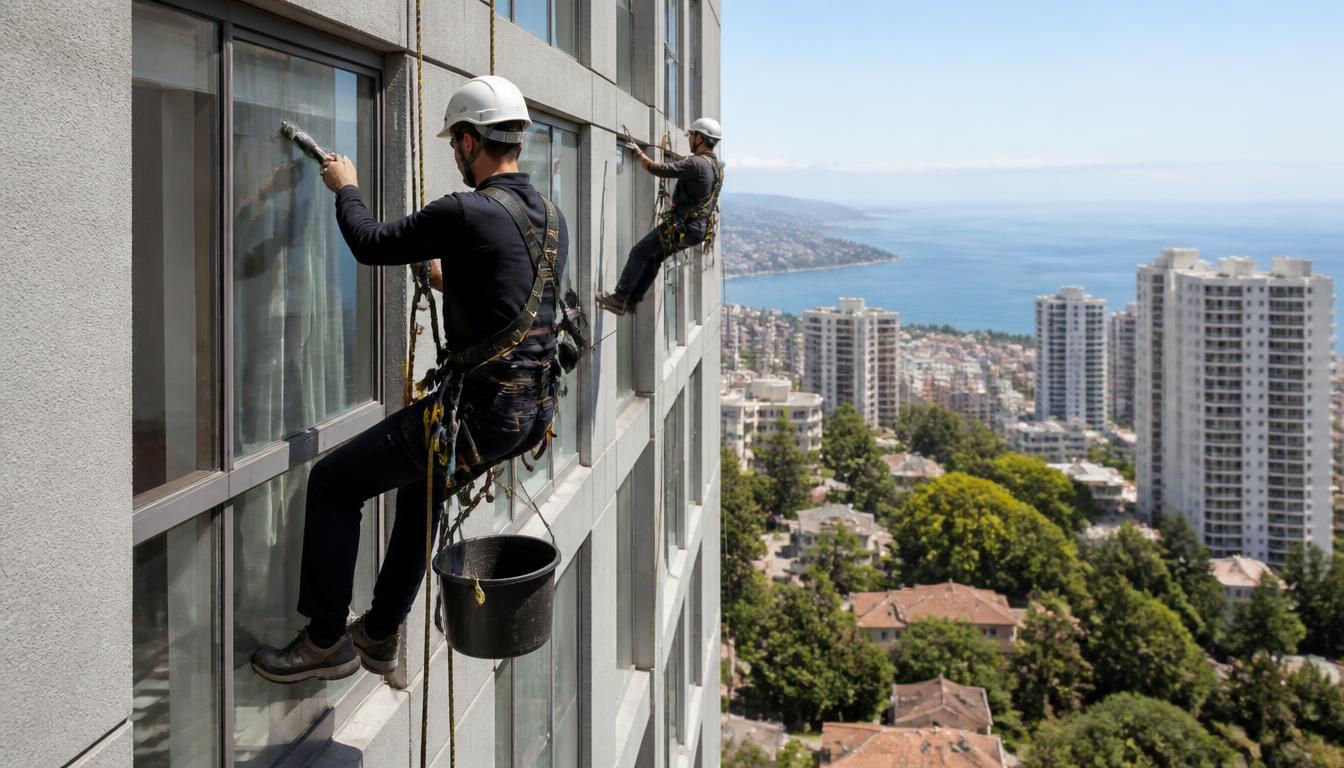 Trabajadores de KSM limpiando vidrios en altura en edificio costero