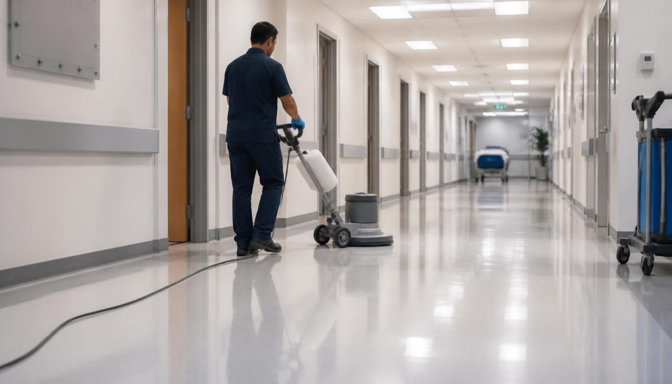 Técnico KSM puliendo piso de hospital con protocolo de higiene