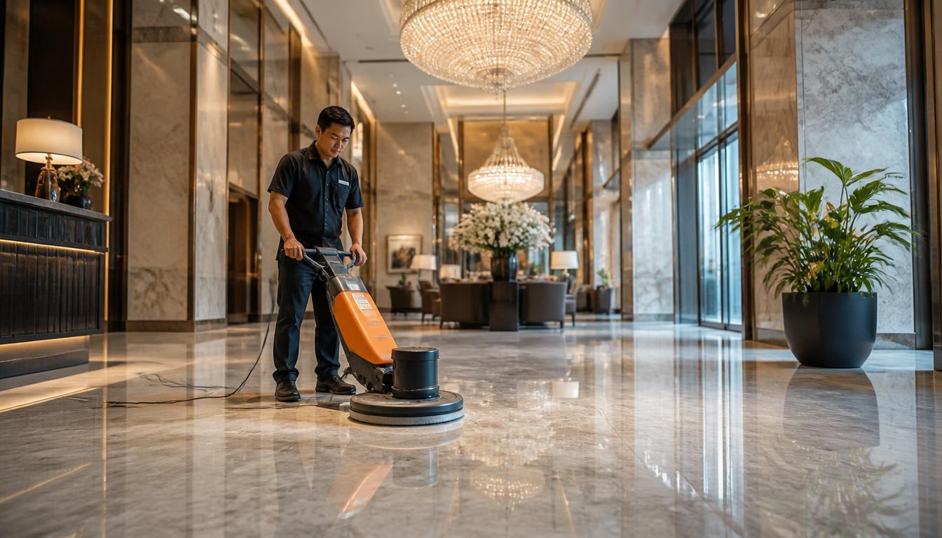 Técnico KSM puliendo piso de mármol en lobby de hotel